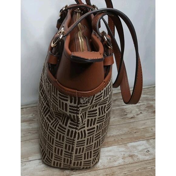 Anne Klein Tote Bag Handbag Purse Zip Top Brown/Tan Vegan Leather Canvas - Picture 7 of 15